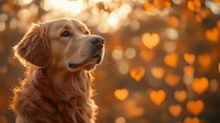 Golden Retriever dog with soft fur backlit by warm sunset light creating heart-shaped bokeh effect in background, romantic pet photography composition.