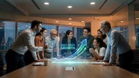 Business team analyzing holographic growth chart in modern conference room with diverse professionals collaborating on financial data and strategic planning.