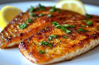 Grilled salmon fillet with caramelized glaze, fresh herbs and lemon garnish on white plate, close-up view showing moist, flaky texture and golden-brown sear marks.