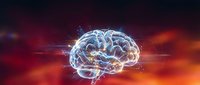 Glowing digital brain with neural networks and electrical connections against dramatic sky background for technology and artificial intelligence concepts.