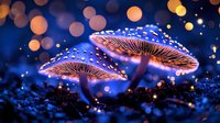 Glowing luminescent mushrooms in dark forest with magical bokeh lights and sparkles creating mystical night atmosphere with bioluminescent fungi.