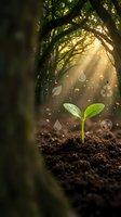 Young green seedling sprouting from rich soil in magical forest with golden sunbeams and floating water droplets symbolizing growth and environmental conservation.