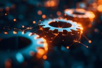 Glowing gear mechanism with connected dots and lines in orange and blue tones, symbolizing digital transformation and technological advancement in manufacturing.