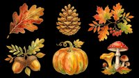 Watercolor autumn nature set with oak leaves, pine cone, pumpkin, acorns, mushrooms, and berries, isolated on transparent background, ready for stickers, clipart, and t-shirt design.