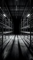 Empty warehouse interior with metal shelving racks and dramatic lighting creating long shadows on concrete floor in black and white photography.