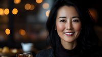 Young Asian woman smiling warmly in cozy restaurant with bokeh lights background. Professional headshot for business, lifestyle and hospitality concepts.