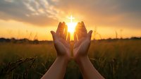 Open hands raised against golden sunset sky with glowing cross light between palms, spiritual prayer moment in nature meadow field at dusk.