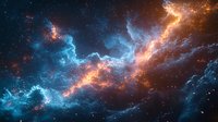Cosmic nebula with vibrant orange and blue colors swirling through deep space, creating dramatic celestial formations against starry background. Suitable for astronomy themes.