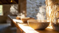 Steaming ceramic bowls on wooden counter in morning sunlight, stone wall background creates cozy rustic atmosphere. Warm natural lighting enhances spa ambiance.