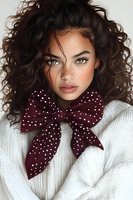 Young woman with natural freckles and curly dark hair wearing white knit sweater and burgundy polka dot bow scarf. Close-up portrait with soft lighting and natural makeup.