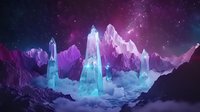 Mystical glowing crystal formations rise from misty mountains under starlit purple sky, creating ethereal landscape with luminescent blue peaks and magical atmosphere.
