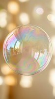 Iridescent soap bubble floating against warm golden bokeh background with rainbow reflections and dreamy light effects for creative design projects.