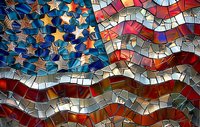 Artistic mosaic interpretation of American flag with vibrant stained glass effect showing stars and stripes in rich red, white and blue tones against dark background.