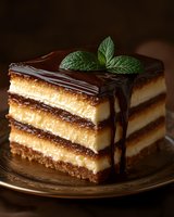 Layered chocolate cake slice with glossy ganache dripping down sides, garnished with fresh mint leaves on elegant plate for bakery menu dessert photography.