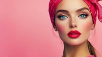 Young woman with bright red lips, blue eyes and pink headscarf against pink background. Fashion portrait showcasing glamorous makeup and retro style accessories.