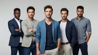 Five diverse young professional men in business casual attire standing confidently against neutral background for corporate team concept.