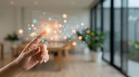 Hand holding transparent smartphone with glowing digital network icons and connections in modern office space for technology and communication concepts.