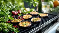 Grilled eggplant slices with herbs and cranberries on barbecue grate, fresh greenery and fruits in background, summer outdoor cooking scene.