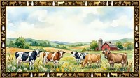 Cattle grazing in pastoral farmland with red barn and silo, rolling hills under cloudy sky, rural agricultural landscape for farm, countryside, and livestock themes.