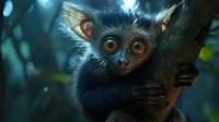 Curious tarsier with large amber eyes peering from tree branch in dark mystical forest setting with blue bokeh lights and dramatic atmosphere.