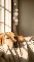 Golden retriever resting on knitted blanket near sunlit window with soft bokeh background, conveying relaxation and comfort for pet care and lifestyle content.