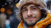 Young bearded man in orange winter jacket and knit beanie smiling during snowfall, with bokeh lights and snowy atmosphere creating cozy winter mood.