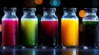 Fresh colorful smoothies and juices in glass bottles lined up against dark background with bokeh lights, showcasing healthy drink variety and detox options.