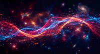 Cosmic energy waves flowing through deep space with vibrant red and blue light streams against starfield background for science fiction and astronomy projects.