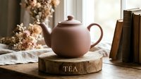Matte clay teapot on a rustic wooden slice with TEA inscription, dried flowers and books in soft natural light background.