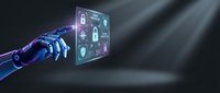 Futuristic robotic hand interacting with holographic cybersecurity interface displaying digital locks and security icons in neon blue and purple lighting.