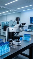 Modern laboratory microscope with test tubes on research bench in sterile medical facility for scientific analysis and pharmaceutical development.