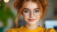 Young Caucasian woman with ginger curly hair wearing round glasses and yellow sweater smiling at camera, natural daylight indoor portrait with soft bokeh background.