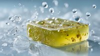 Green translucent soap bar with water droplets splashing around on reflective surface for skincare and hygiene products.