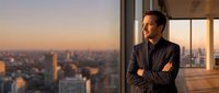 Confident businessman in suit standing with crossed arms by office window overlooking city skyline at sunset, corporate success and leadership concept.