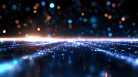Glowing blue light horizon with bokeh effect and shimmering particles against dark background creates futuristic atmospheric scene for technology concepts.