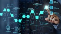 Businessman touching digital interface with AI machine learning icons and hexagonal network pattern on futuristic technology background.