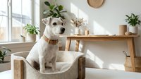 White dog sitting in beige armchair by window in bright, minimalist living room with plants and wooden shelf. Pet home decor.