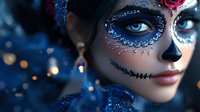 Young Hispanic woman with elaborate Day of the Dead sugar skull face paint featuring intricate blue glitter designs, rhinestones, and floral decorations.