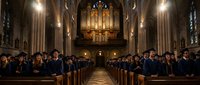 Graduation ceremony in gothic cathedral with students in caps and gowns seated in wooden pews under ornate pipe organ and stained glass windows.