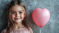 Young Caucasian girl with blue eyes and long hair smiling next to pink heart-shaped balloon against textured gray wall background, expressing joy and innocence.