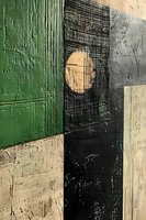 Abstract geometric composition featuring textured blocks in green, black, and beige with circular light element creating dramatic contrast and depth. Modern wall art concept.