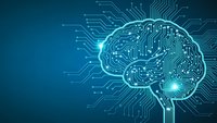 Digital brain with circuit board patterns on blue background representing artificial intelligence and neural networks in technology.