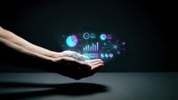 Business professional hand presenting holographic data analytics dashboard with charts and graphs floating above palm on dark background.