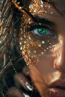 Close-up of woman with striking green eye and golden glitter makeup, adorned with metallic elements for fantasy or fashion concept.