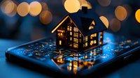 Glowing miniature house on smartphone screen with bokeh lights background creates magical atmosphere for real estate and smart home technology concepts.