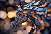 Mystical blue dragon head with golden glowing scales against blurred bokeh lights background, fantasy creature artwork for book covers and game design.