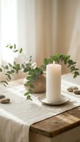 Lit white pillar candle on wooden table with eucalyptus branches in ceramic bowl creating peaceful spa atmosphere for relaxation and wellness.