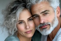 Mature couple with gray hair embracing intimately, showing love and connection in middle age relationship, lifestyle portrait for wellness campaigns.