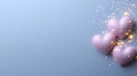Pink heart shaped balloons with golden glitter sparkles floating against soft blue background, romantic festive celebration atmosphere creates dreamy mood.