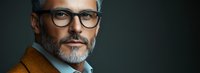 Confident mature Caucasian businessman with gray beard and glasses wearing brown coat and blue tie against dark background, professional corporate portrait.